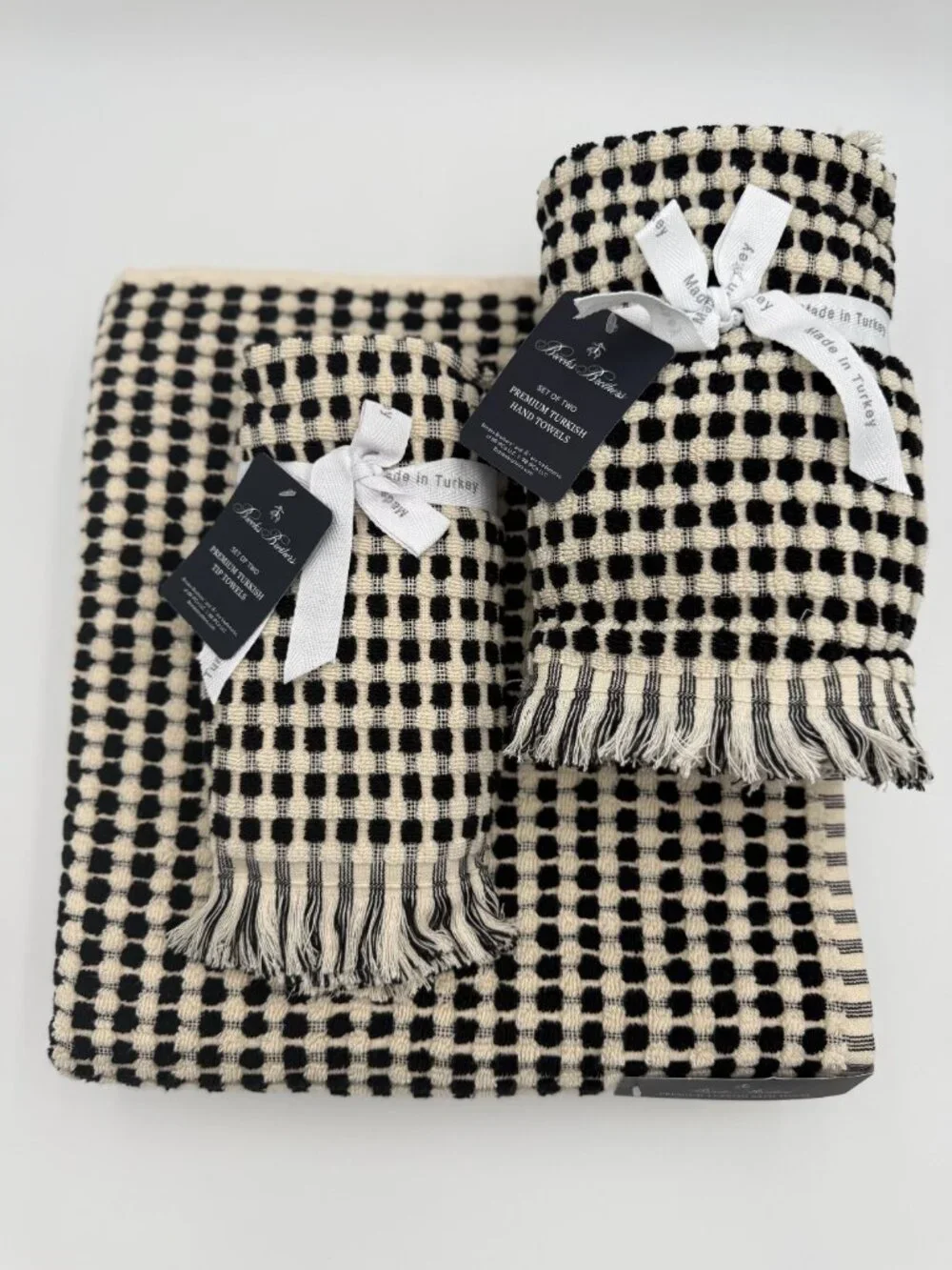 Brooks Brothers 6 Pc Premium Turkish Bath Hand Tip Towel Set Black Ivory NWT